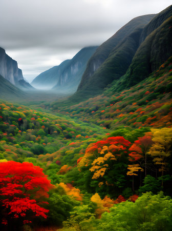 Autumn ambiance with lush greenery enchanting vibes and vibrant Pantone hues creating a mesmerizing ethereal jungle scenery. Generative AI Generatedの素材