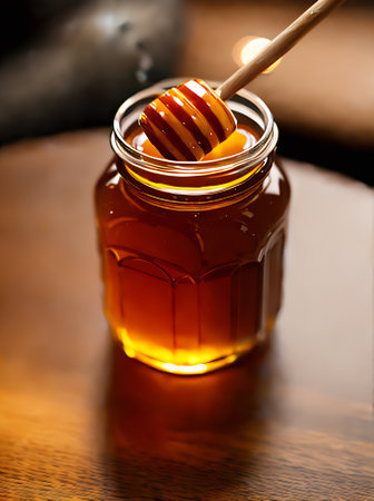 Realistic Apple Honey with neutral colors warm lighting intricate details and cozy atmosphere in a closeup of a restaurant with no people. Generative AI Generatedの素材