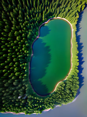 A forest glimpse from above enveloped in fog with a 3D and shadow effect enhanced by the Pantone color palette. Generative AI Generatedの素材