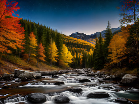 Dark forest with golden ink lines watercolour and a neutral color palette. Generative AI Generatedの素材