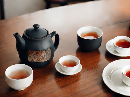 Realistic tea with neutral colors warm lighting and highly detailed cozy atmosphere in a restaurant setting captured in medium shot without any individuals present. Generative AI Generatedの素材