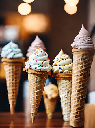 Realistic ice cream cones in cozy atmosphere with warm lighting neutral color palette. Highly detailed long shot of restaurant with nobody. Generative AI Generatedの素材