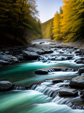 A peaceful river surrounded by a footpath portrayed in watercolour with a duotone color palette. Generative AI Generatedの素材
