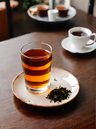 Realistic tea with warm lighting cozy atmosphere and detailed decor providing a neutral color palette. Medium shot showcasing a restaurant without any people. Generative AI Generatedの素材