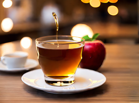 Realistic Apple Honey with cozy atmosphere warm lighting detailed neutral color palette in a medium shot of a nobody restaurant. Generative AI Generatedの素材