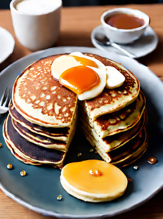 Realistic pancakes with neutral colors warm lighting detailed cozy atmosphere in a restaurant shown in a medium shot with no people. Generative AI Generatedの素材