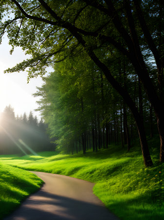 A vibrant neon forest in spring filled with flowers and 3D visuals casting beautiful shadows. Generative AI Generatedの素材