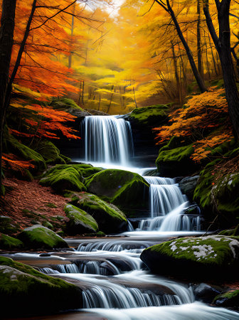 A vintage colored autumn forest drawing with high contrast capturing the essence of the season. Generative AI Generatedの素材