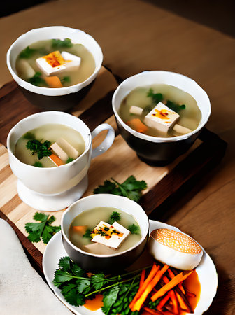 Realistic miso soup with neutral colors warm lighting highly detailed cozy atmosphere restaurant scene with nobody captured in an extreme long shot. Generative AI Generatedの素材