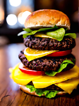 Realistic burger neutral colors warm lights exquisite details cozy ambiance empty restaurant closeup view. Generative AI Generatedの素材