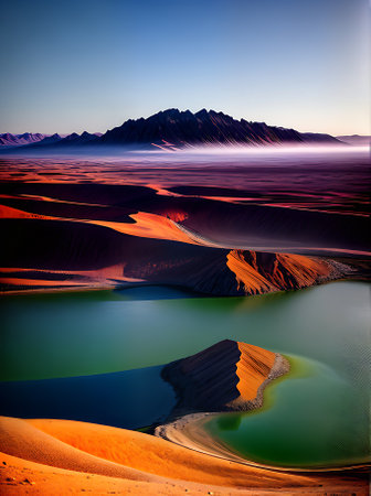 Desert with fog 3D shadows vivid neon colors. Generative AI Generatedの素材