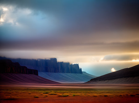 Vintage color palette adds a desert charm to raincovered volumetric scenes. Generative AI Generatedの素材