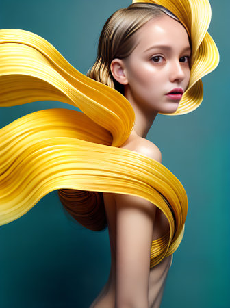 Matte yellowgold flower with smooth wide swirls and waves that flow seamlessly from bottom to top with a flat and neutral color palette. Generative AI Generatedの素材