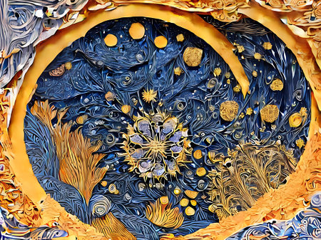 Abstract background with flowers glitter golden ink lines realistic elements and vibrant neon colors. Generative AI Generatedの素材