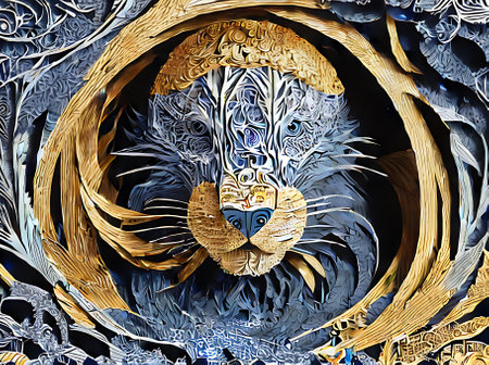 Abstract flower background in a dark garden with golden ink lines featuring a flat style and vibrant Kodachrome color palette. Generative AI Generatedの素材