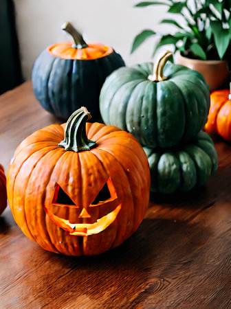 Realistic Halloween pumpkin neutral colors warm lighting detailed cozy atmosphere. Restaurant setting with nobody in extreme long shot. Generative AI Generatedの素材