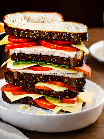 Realistic sandwich neutral colors warm lighting detailed cozy atmosphere no people in a restaurant setting. Generative AI Generatedの素材