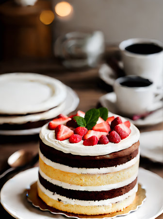 Realistic cake with warm lighting and highly detailed neutral color palette creates a cozy atmosphere in an empty restaurant. Extreme long shot. Generative AI Generatedの素材