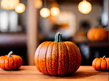 Realistic pumpkin with warm lighting highly detailed in a cozy atmosphere. Neutral color palette of a restaurant with an extreme long shot and no customers. Generative AI Generatedの素材