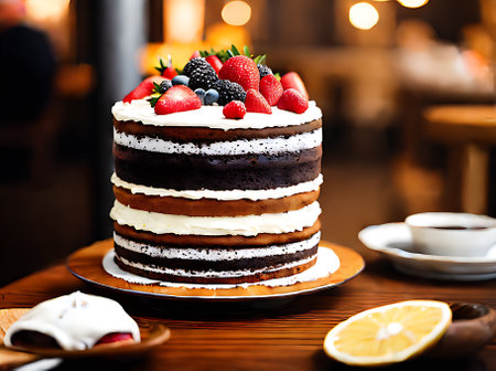Realistic cake with warm lighting and highly detailed neutral color palette creates a cozy atmosphere in an empty restaurant. Extreme long shot. Generative AI Generatedの素材