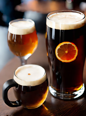 Realistic dark beer cozy atmosphere warm lighting highly detailed neutral color palette a detailed mediumshot of a restaurant with no people. Generative AI Generatedの素材