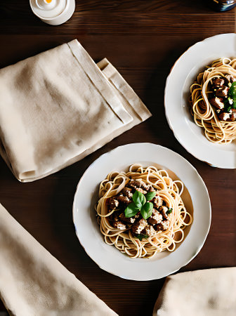 Realistic pasta with warm lighting highly detailed and cozy atmosphere. Neutral colors create a calm vibe. Long shot of a cozy restaurant with nobody. Generative AI Generatedの素材