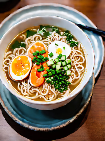 Realistic ramen soup with cozy atmosphere neutral colors warm lighting highly detailed in a restaurant setting with no visitors. Generative AI Generatedの素材