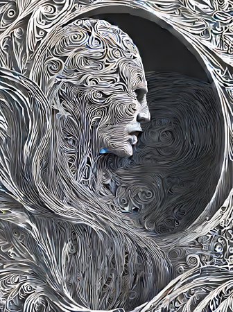 Smooth wide swirl and wavelike big flower in black metal with smooth lines flowing from bottom to top a drawing with a neutral color palette. Generative AI Generatedの素材