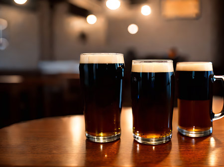 Realistic dark beer cozy atmosphere warm lighting highly detailed neutral color palette a detailed mediumshot of a restaurant with no people. Generative AI Generatedの素材