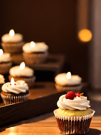 Realistic cupcake with warm lighting neutral color palette highly detailed cozy atmosphere creating a captivating restaurant ambiance with nobody present. Generative AI Generatedの素材