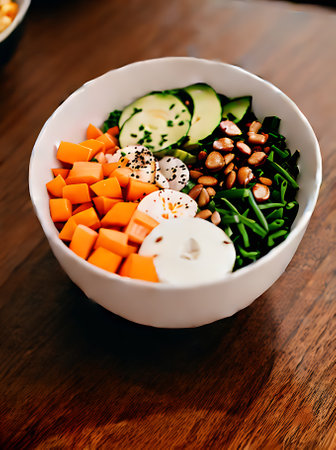 Realistic poke bowl with warm lighting and cozy atmosphere neutral color palette enhances highly detailed restaurant devoid of people shown in an extreme long shot. Generative AI Generatedの素材