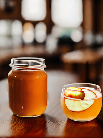 Realistic Apple Honey neutral colors warm lighting high detail cozy atmosphere a restaurant with nobody captured in an extreme long shot. Generative AI Generatedの素材
