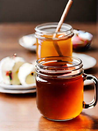 Realistic Apple Honey neutral colors warm lighting high detail cozy atmosphere a restaurant with nobody captured in an extreme long shot. Generative AI Generatedの素材