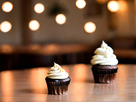 Realistic cupcake with warm lighting neutral color palette highly detailed cozy atmosphere creating a captivating restaurant ambiance with nobody present. Generative AI Generatedの素材