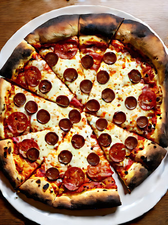 Realistic pizza neutral colors warm lighting intricate detailing cozy atmosphere restaurant no people extreme closeup. Generative AI Generatedの素材