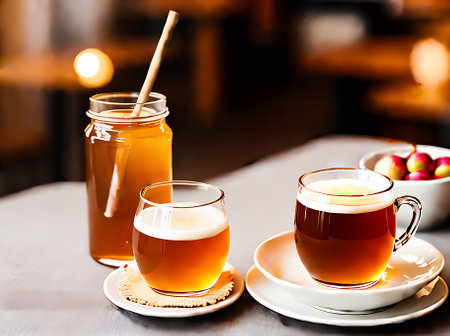 Realistic apple honey warm lighting detailed cozy atmosphere. Neutral colors create a welcoming restaurant scene devoid of people. Generative AI Generatedの素材