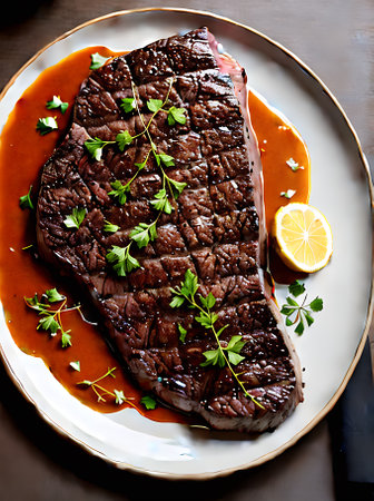 Realistic steak in neutral tones warm lighting intricate details cozy atmosphere a restaurant without a soul. Generative AI Generatedの素材
