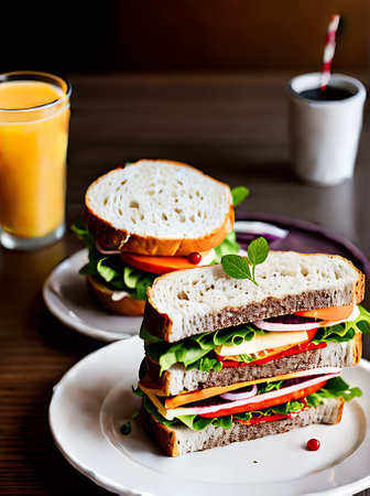 Realistic sandwich neutral colors warm lighting detailed cozy atmosphere. Restaurant with no people. Generative AI Generatedの素材