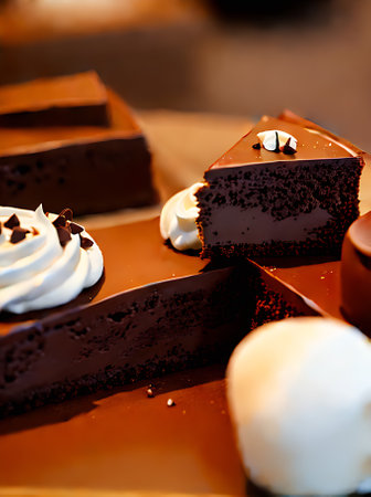 Realistic chocolate dessert with cozy atmosphere warm lighting highly detailed and neutral color palette in a closeup shot at a restaurant. Generative AI Generatedの素材