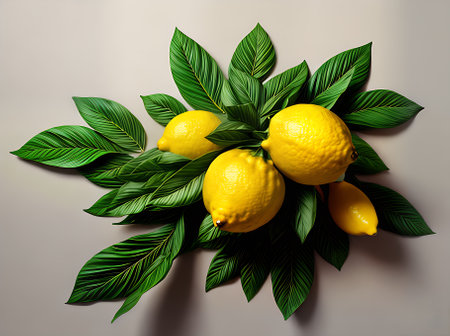 Floral backdrop lemon and leaf portrayal 3D effect with shadows vibrant Kodachrome color scheme. Generative AI Generatedの素材