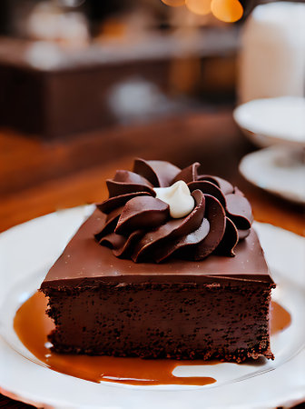 Realistic chocolate dessert in cozy restaurant with neutral colors warm lighting and a highly detailed inviting atmosphere offering a medium shot experience without any patrons Generative AI Generatedの素材