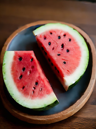 Detailed watermelon with a realistic appearance warm illumination cozy atmosphere neutral hues extreme closeup in a restaurant setting with no people. Generative AI Generatedの素材