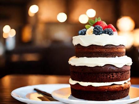 Realistic cake with neutral colors warm lighting highly detailed and cozy atmosphere in an empty restaurant seen from a distant viewpoint. Generative AI Generatedの素材