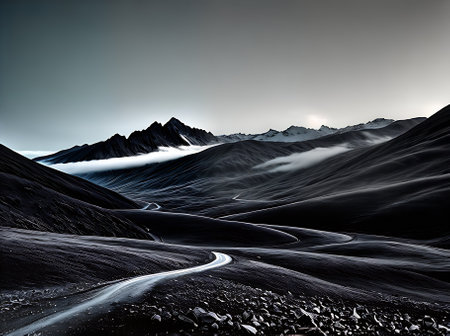 Majestic mountains covered in fog emerge in a stunning 3D composition featuring shadows and a captivating duotone color palette. Generative AI Generatedの素材