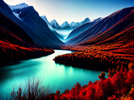 Mountainous landscapes with a vintage color palette showcasing volumetric beauty. Generative AI Generatedの素材