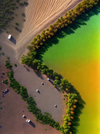 Deserts birds eye view with neutral watercolour boasting deciduous vegetation. It exudes a calming charm through a neutral color palette. Generative AI Generatedの素材