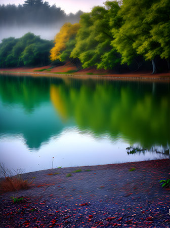 A serene lake covered in fog set against a backdrop of peaceful pastel tones captured in a beautiful drawing. Generative AI Generatedの素材
