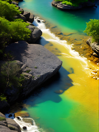 A tropical river flowing with golden ink lines featuring volumetric scenes in a duotone color palette. Generative AI Generatedの素材