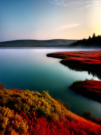 A serene lake covered in fog set against a backdrop of peaceful pastel tones captured in a beautiful drawing. Generative AI Generatedの素材