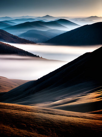 Majestic mountains covered in fog emerge in a stunning 3D composition featuring shadows and a captivating duotone color palette. Generative AI Generatedの素材